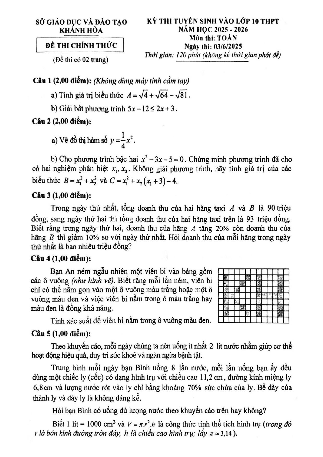 Đề thi tuyển sinh Toán vào lớp 10 năm 2025-2026 sở GD&ĐT Khánh Hòa