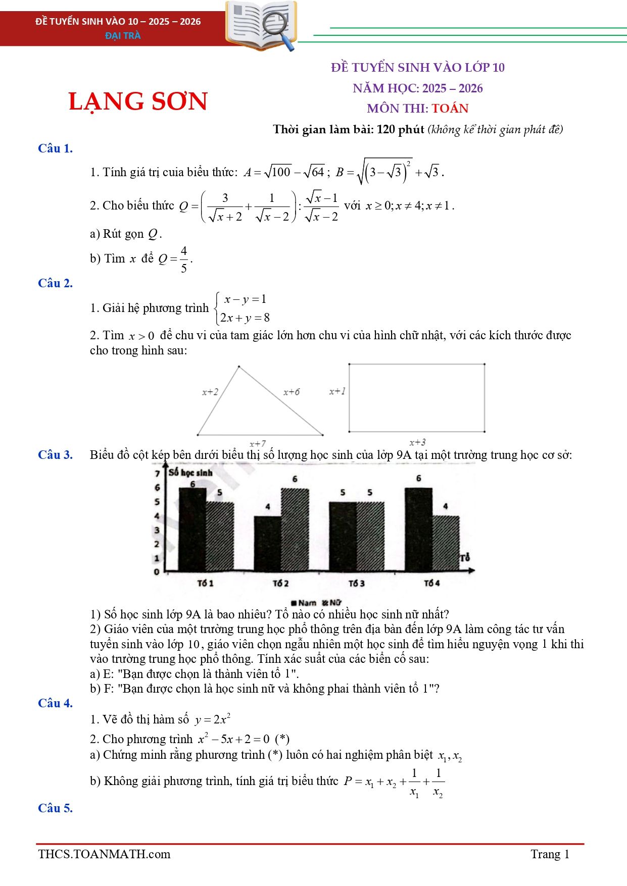 Đề thi tuyển sinh Toán vào lớp 10 năm 2025-2026 sở GD&ĐT Lạng Sơn