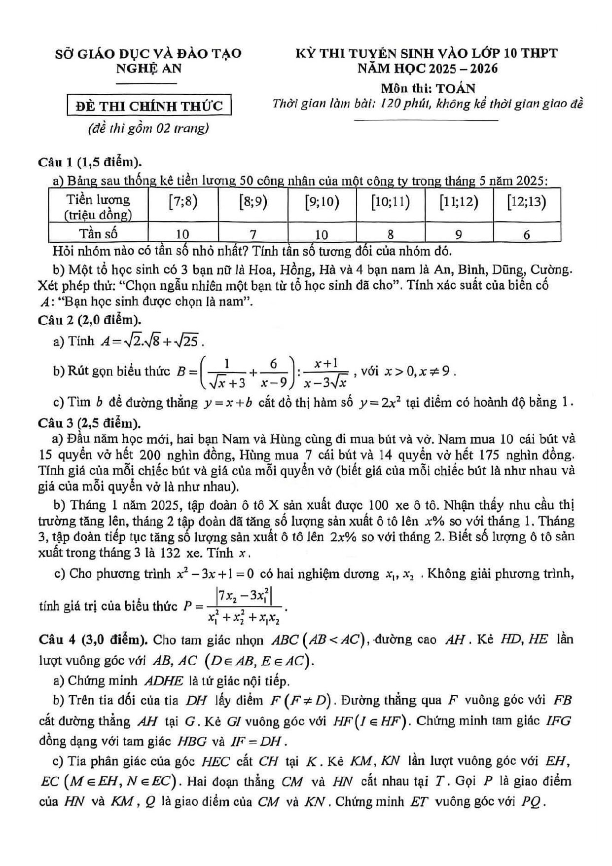 Đề thi tuyển sinh Toán vào lớp 10 năm 2025-2026 sở GD&ĐT Nghệ An