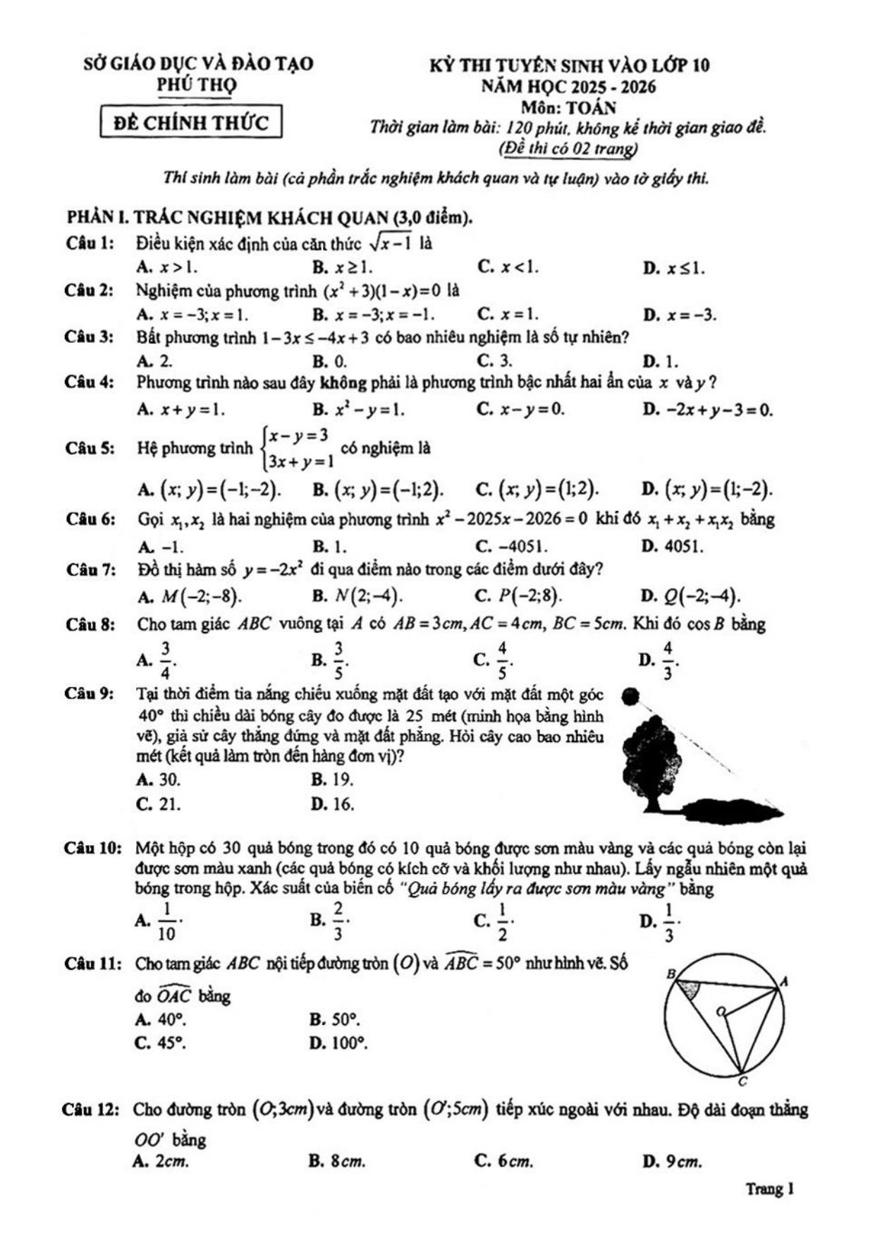 Đề thi tuyển sinh Toán vào lớp 10 năm 2025-2026 sở GD&ĐT Phú Thọ