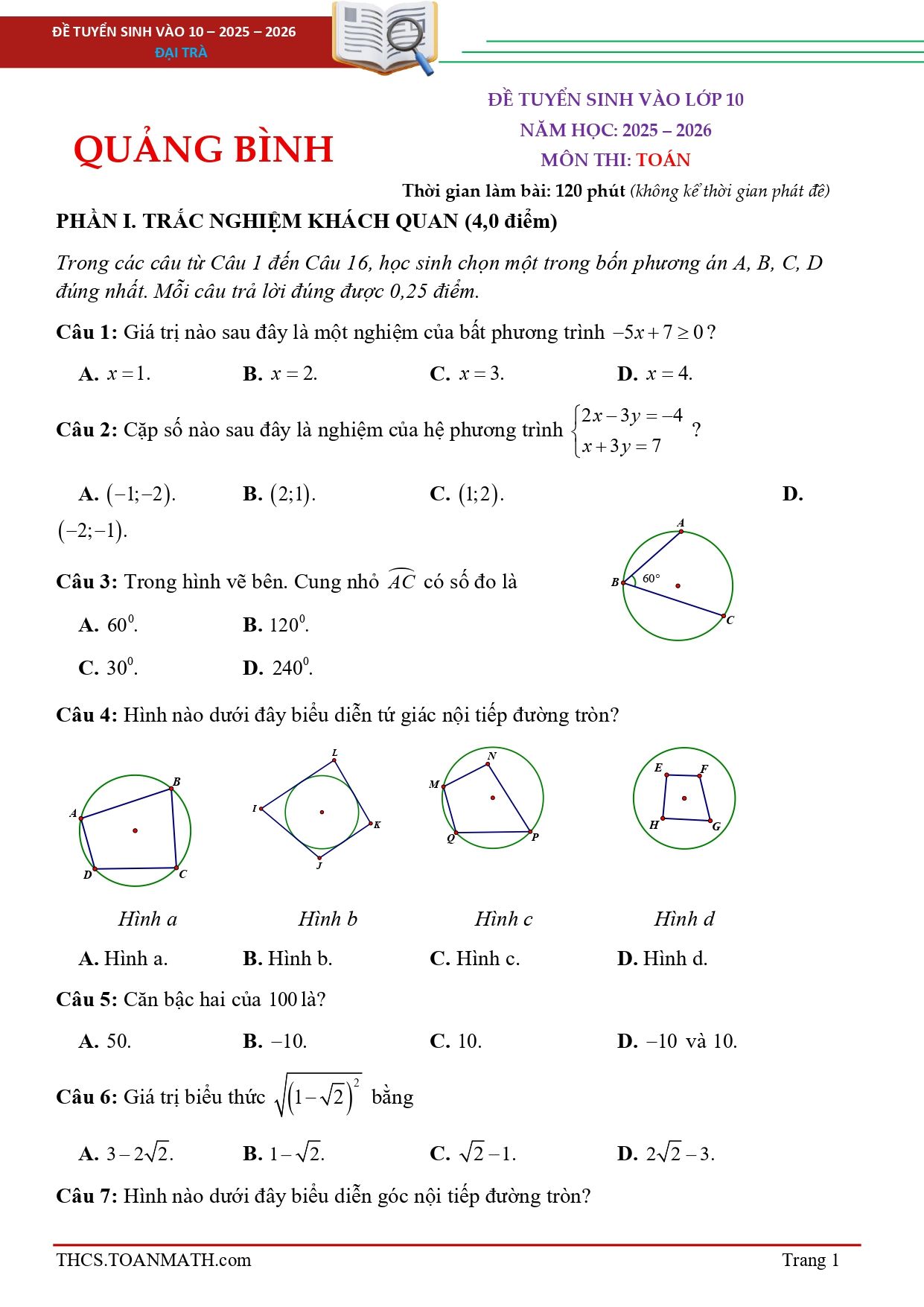 Đề thi tuyển sinh Toán vào lớp 10 năm 2025-2026 sở GD&ĐT Quảng Bình