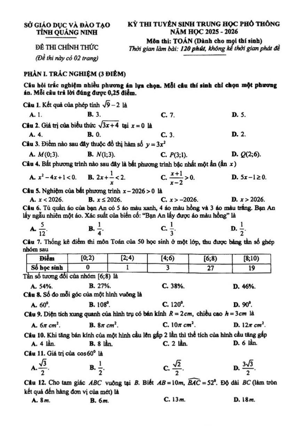 Đề thi tuyển sinh Toán vào lớp 10 năm 2025-2026 sở GD&ĐT Quảng Ninh