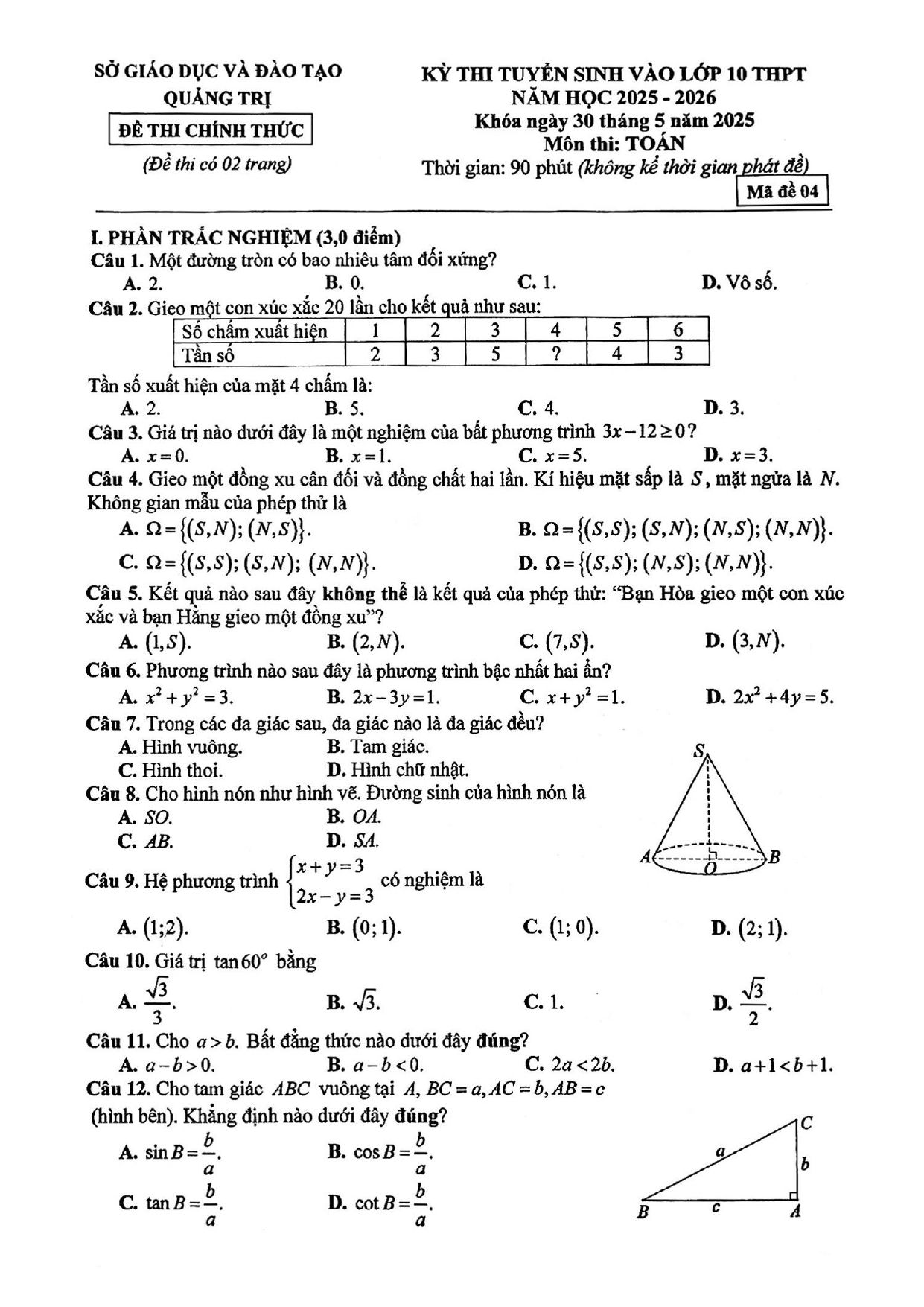 Đề thi tuyển sinh Toán vào lớp 10 năm 2025-2026 sở GD&ĐT Quảng Trị