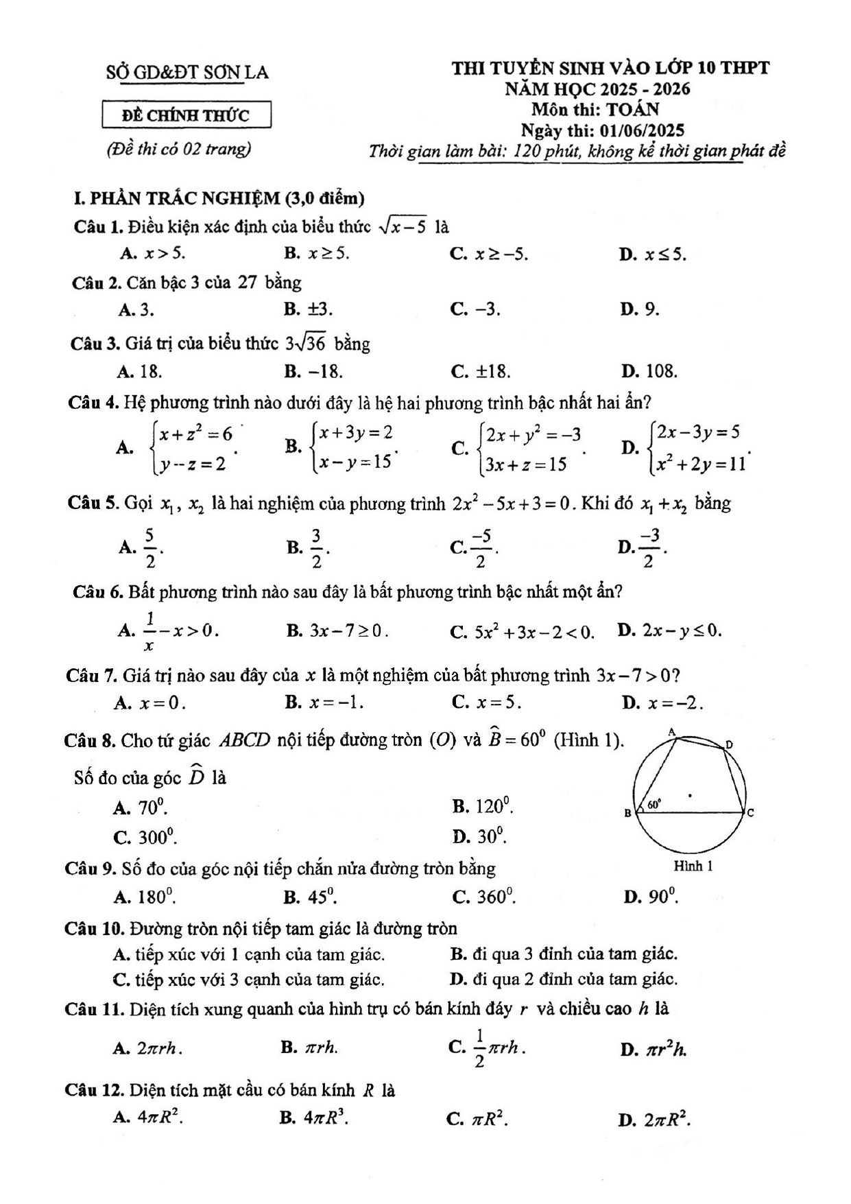 Đề thi tuyển sinh Toán vào lớp 10 năm 2025-2026 sở GD&ĐT Sơn La