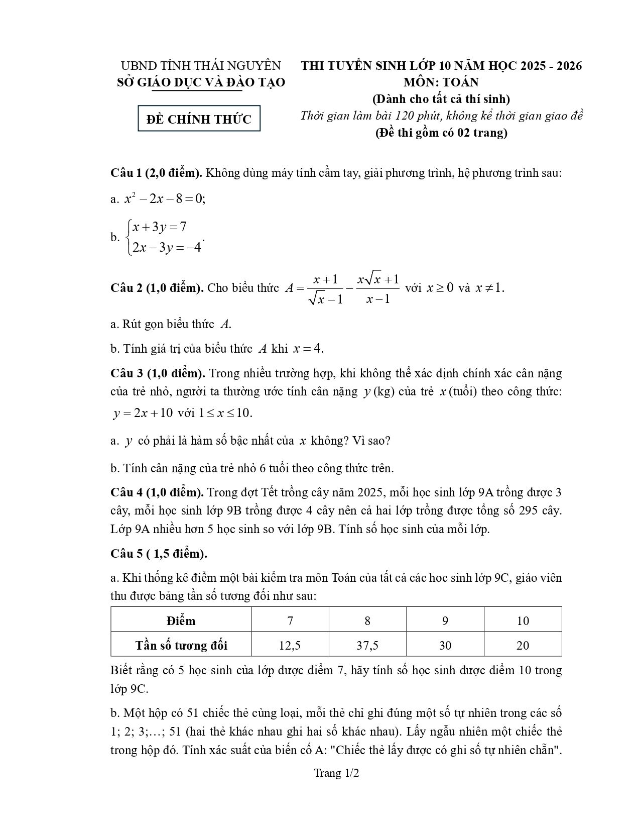 Đề thi tuyển sinh Toán vào lớp 10 năm 2025-2026 sở GD&ĐT Thái Nguyên