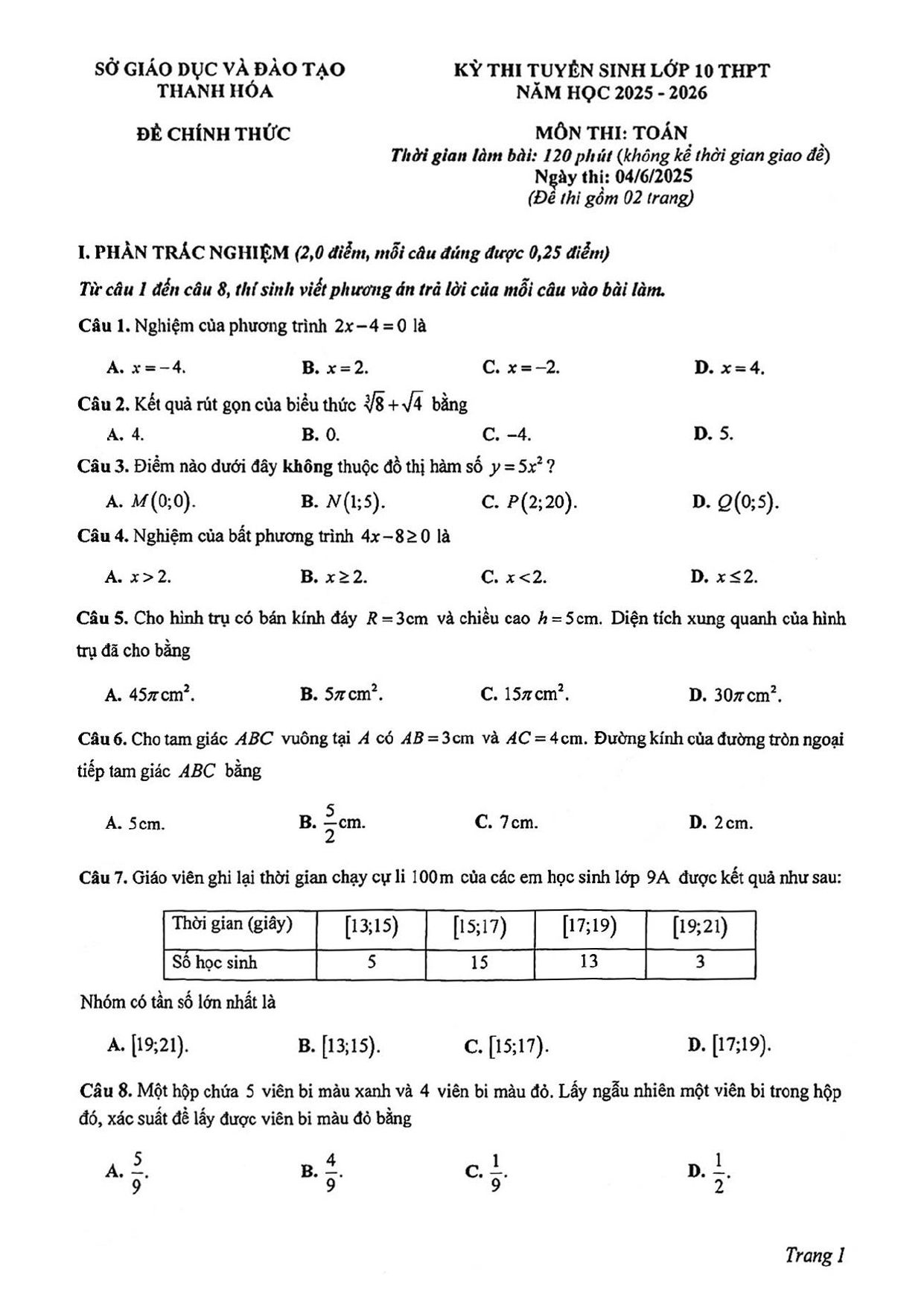 Đề thi tuyển sinh Toán vào lớp 10 năm 2025-2026 sở GD&ĐT Thanh Hóa