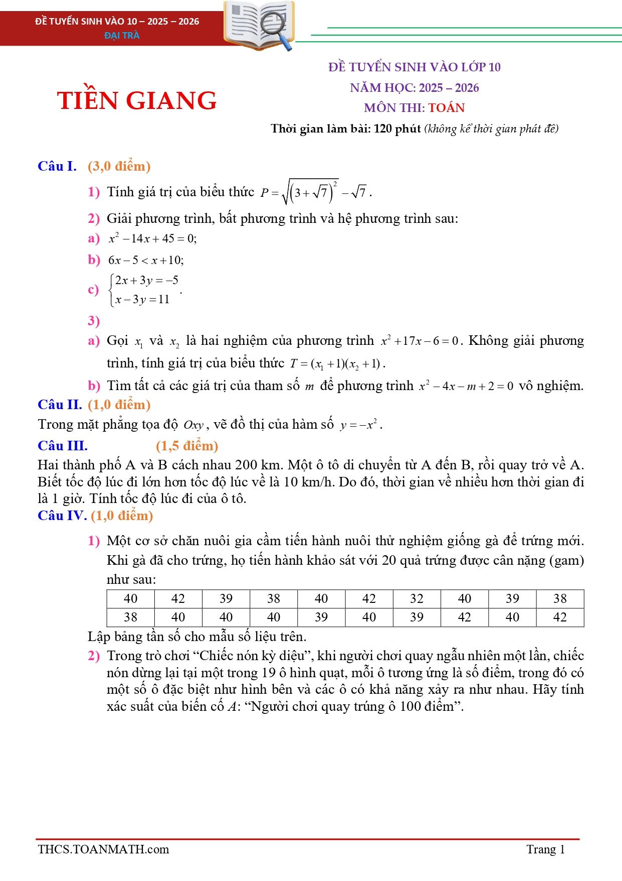 Đề thi tuyển sinh Toán vào lớp 10 năm 2025-2026 sở GD&ĐT Tiền Giang