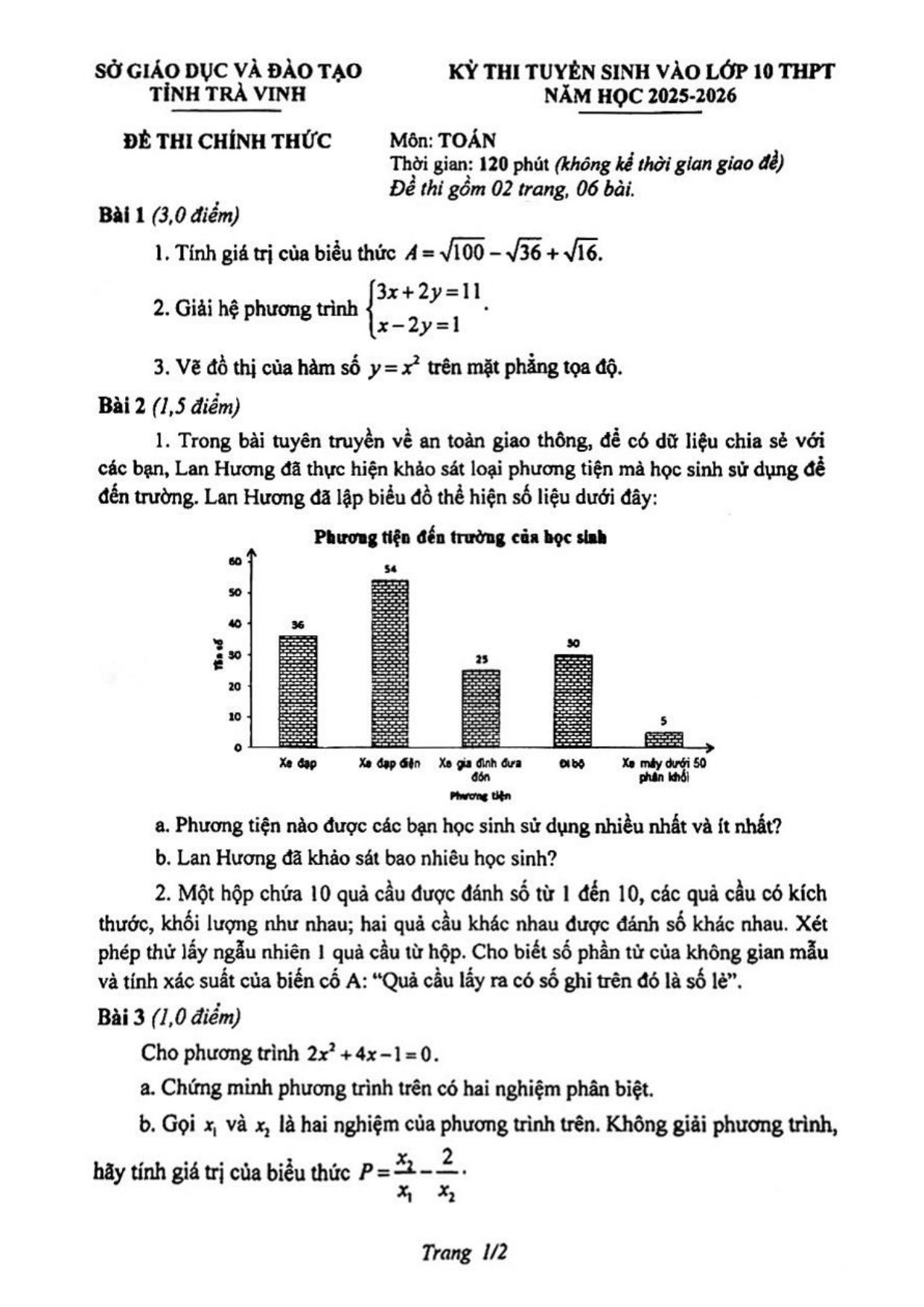 Đề thi tuyển sinh Toán vào lớp 10 năm 2025-2026 sở GD&ĐT Trà Vinh