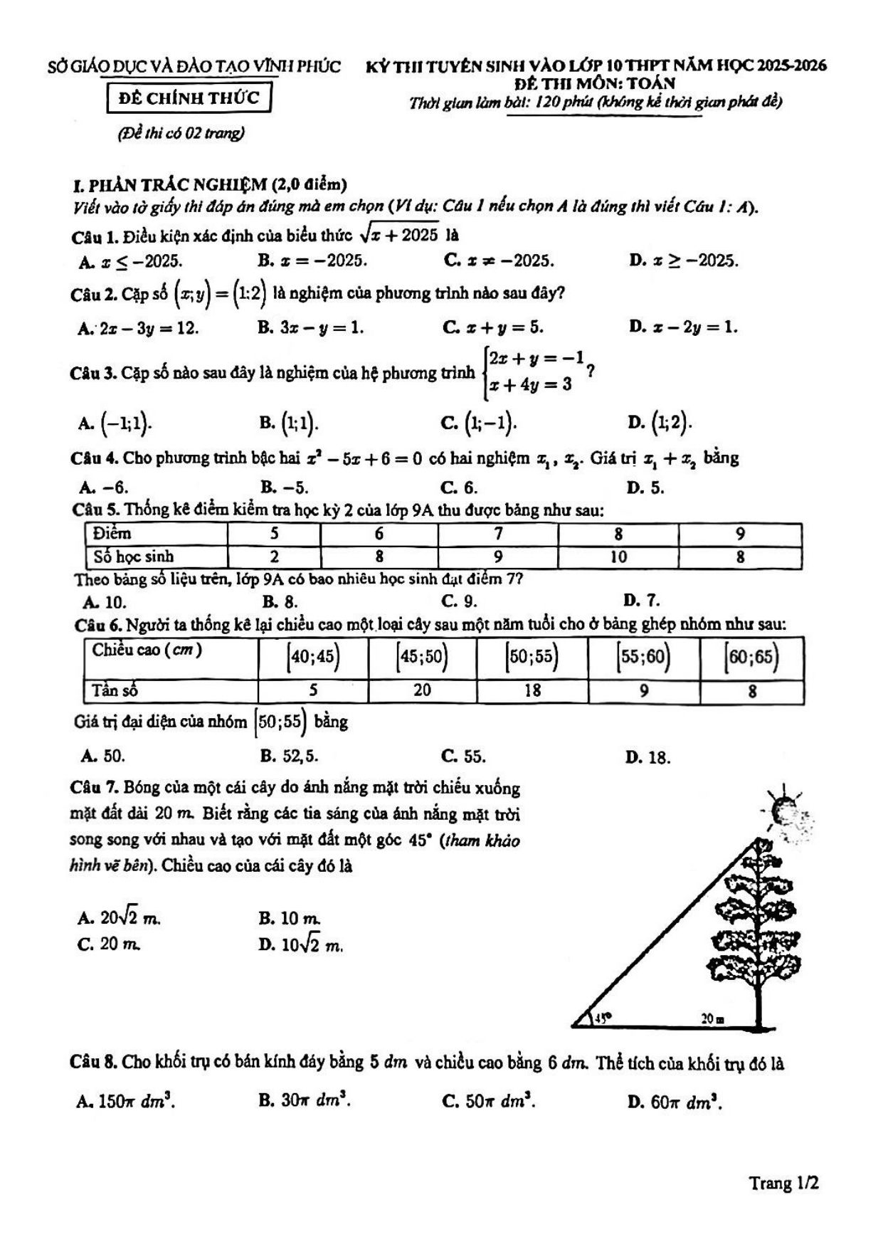 Đề thi tuyển sinh Toán vào lớp 10 năm 2025-2026 sở GD&ĐT Vĩnh Phúc