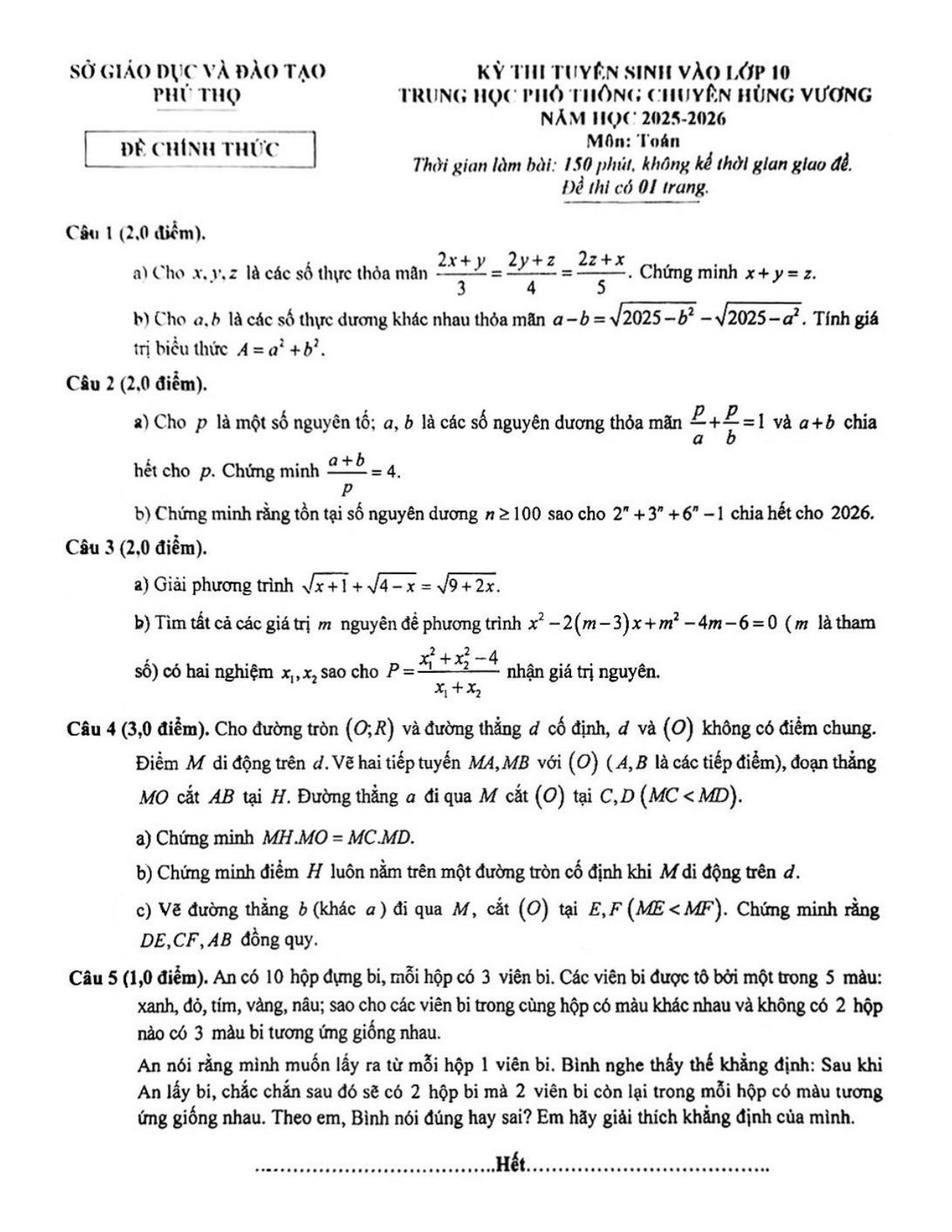 Đề thi tuyển sinh Toán vào lớp 10 năm 2025-2026 trường chuyên Hùng Vương - Phú Thọ