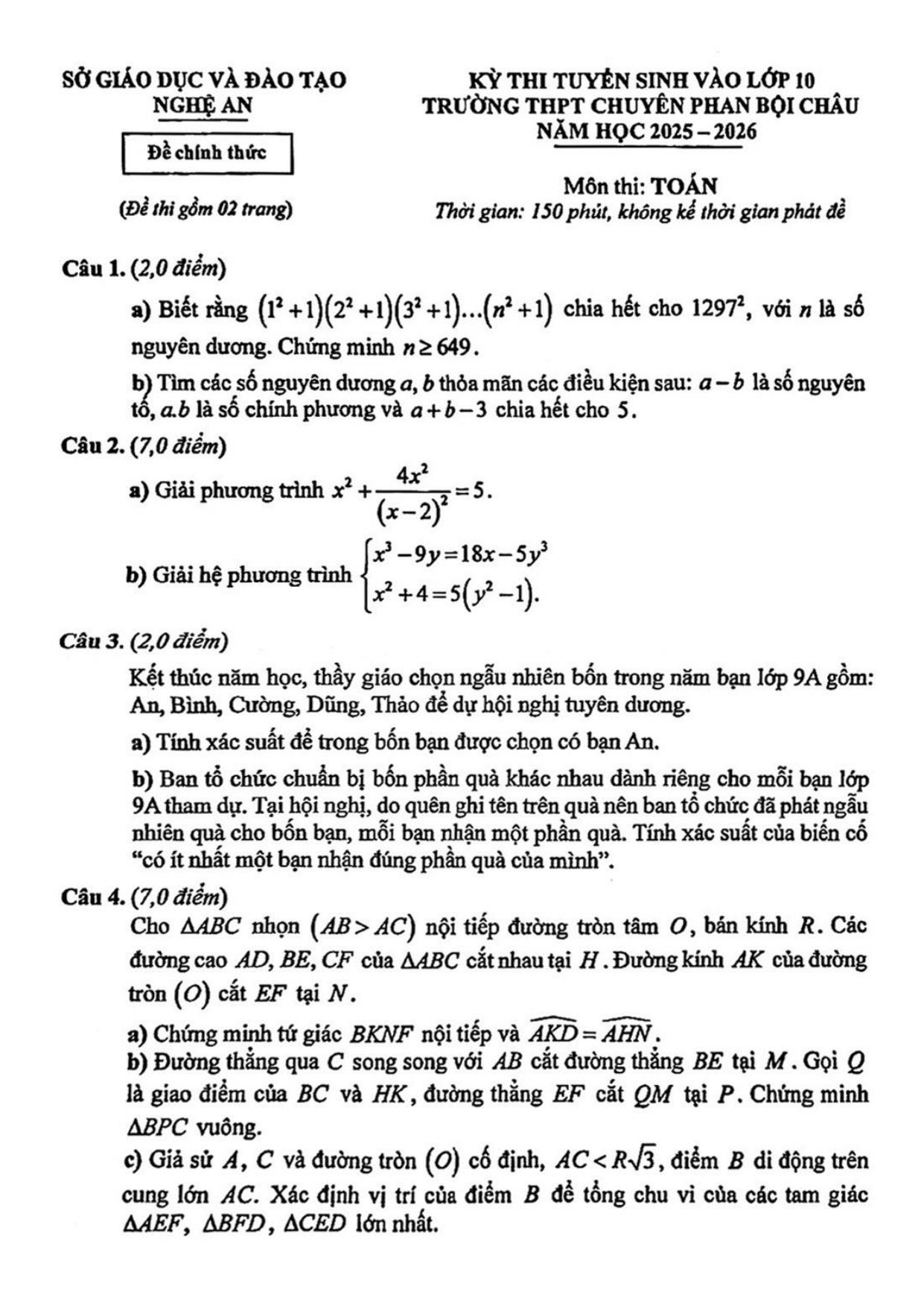 Đề thi tuyển sinh Toán vào lớp 10 năm 2025-2026 trường chuyên Phan Bội Châu - Nghệ An