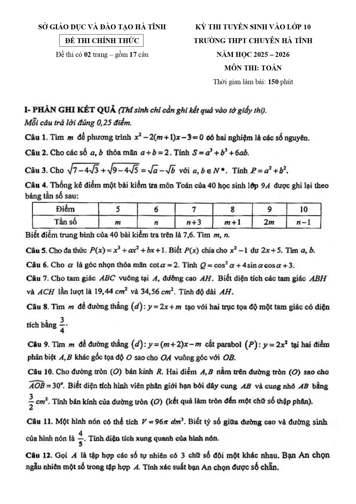 Đề thi tuyển sinh Toán vào lớp 10 năm 2025-2026 trường THPT chuyên Hà Tĩnh