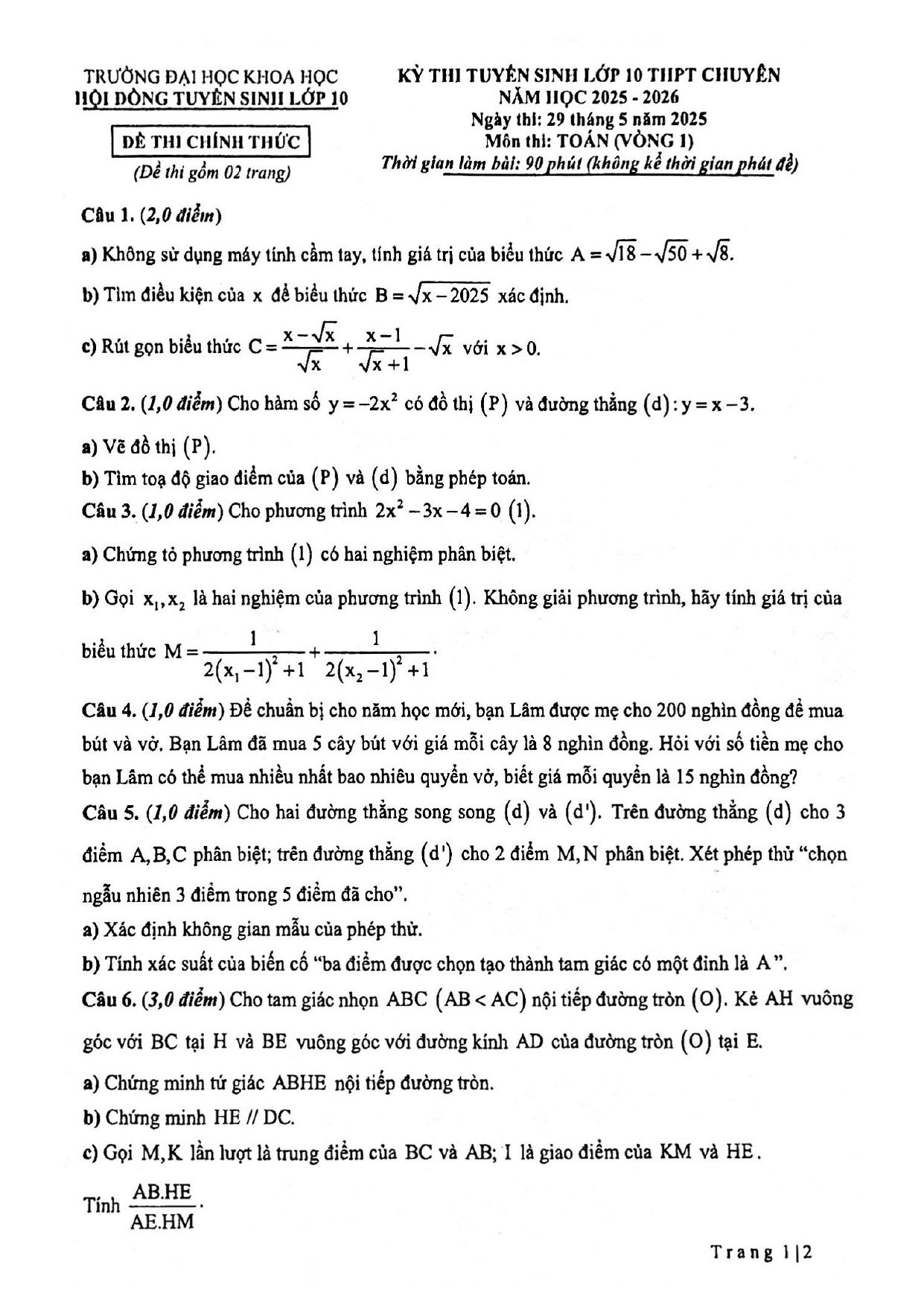 Đề thi tuyển sinh Toán (vòng 1) vào lớp 10 năm 2025-2026 trường THPT chuyên Khoa học Huế