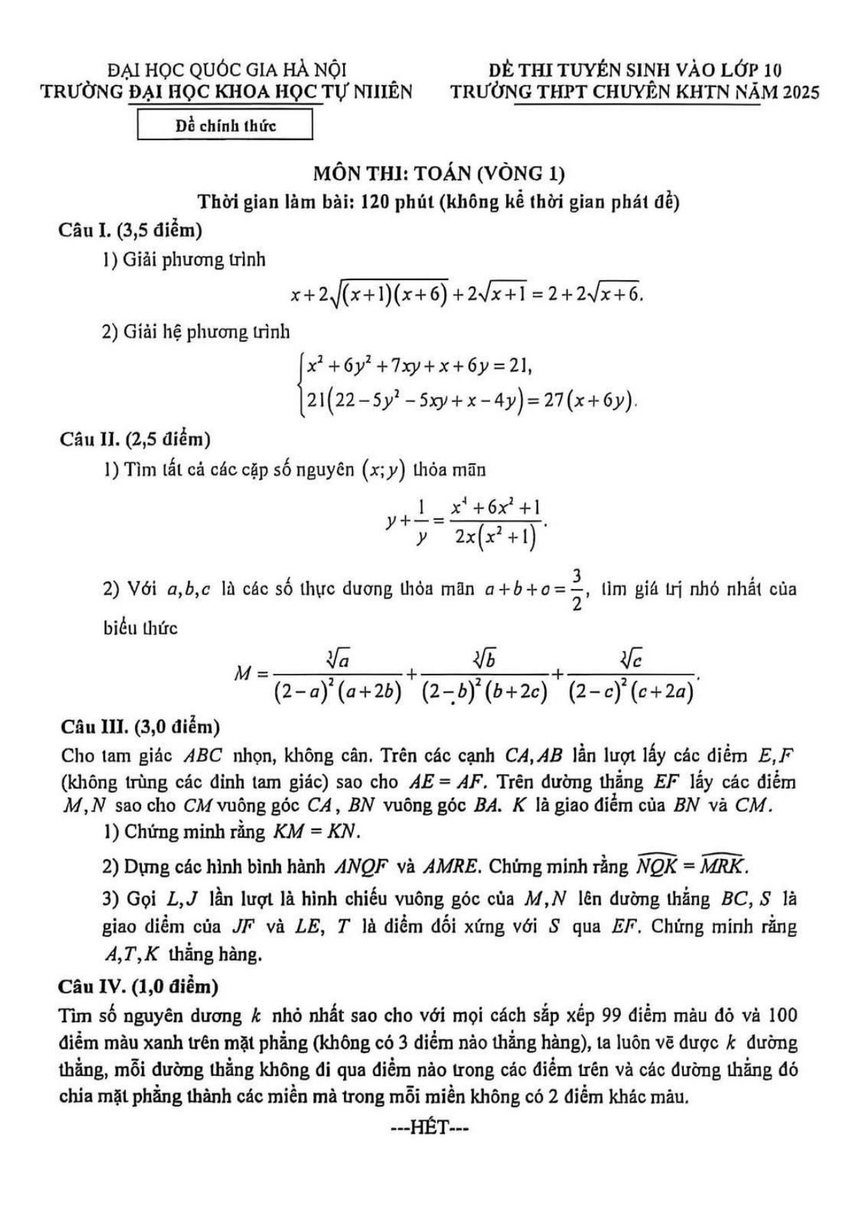 Đề thi tuyển sinh Toán (vòng 1) vào lớp 10 năm 2025-2026 trường chuyên KHTN - Hà Nội