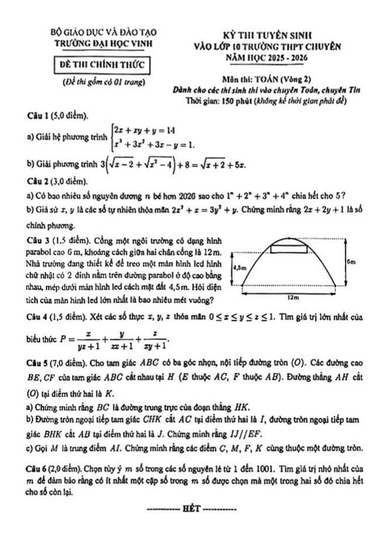 Đề thi tuyển sinh Toán (vòng 2) vào lớp 10 năm 2025-2026 trường chuyên ĐH Vinh - Nghệ An