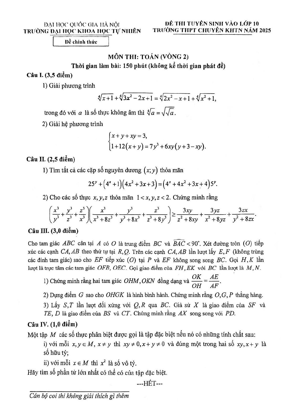 Đề thi tuyển sinh Toán (vòng 2) vào lớp 10 năm 2025-2026 trường chuyên KHTN - Hà Nội