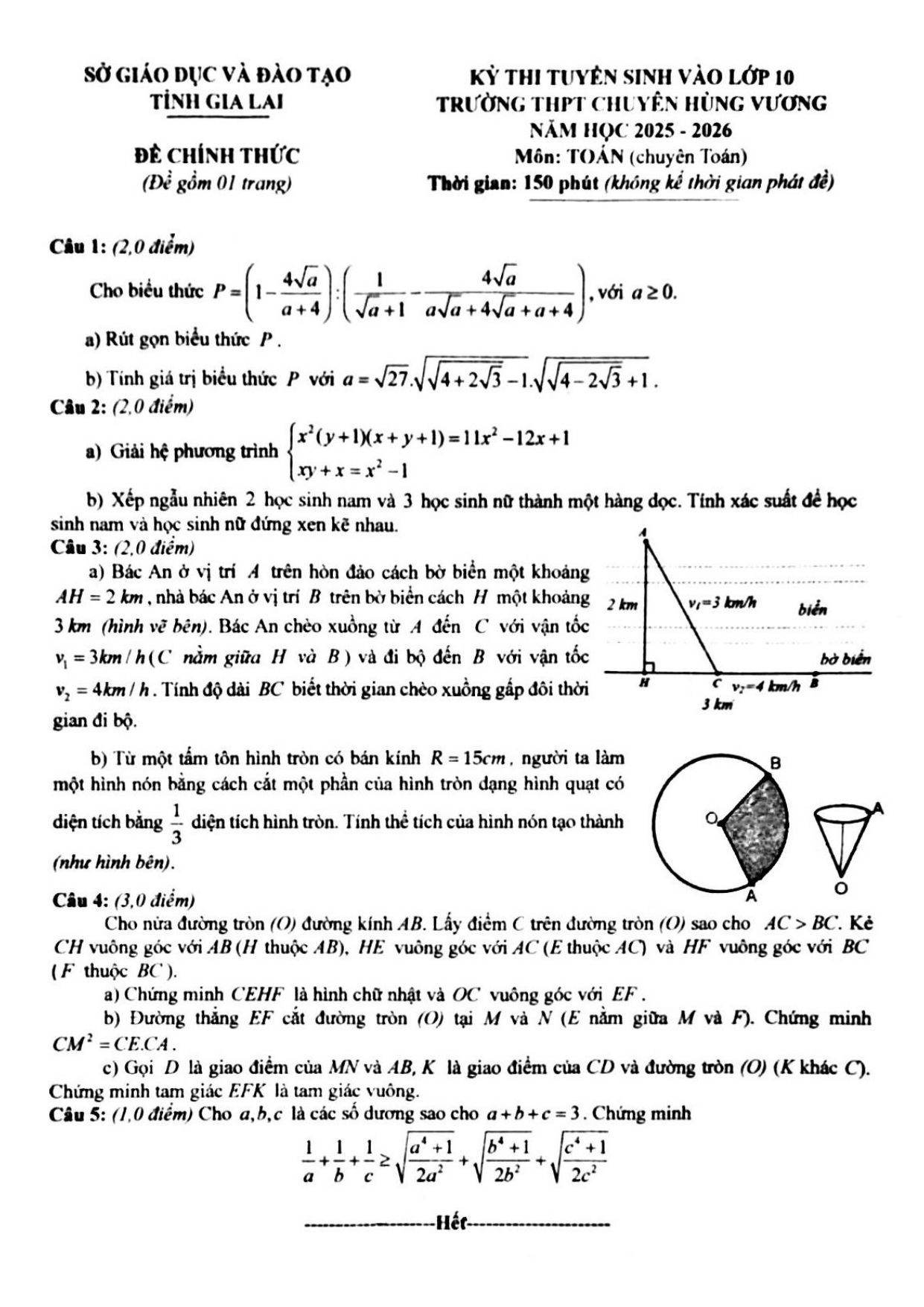 Đề thi tuyển sinh Toán vào lớp 10 (chuyên) năm 2025-2026 trường chuyên Hùng Vương - Gia Lai