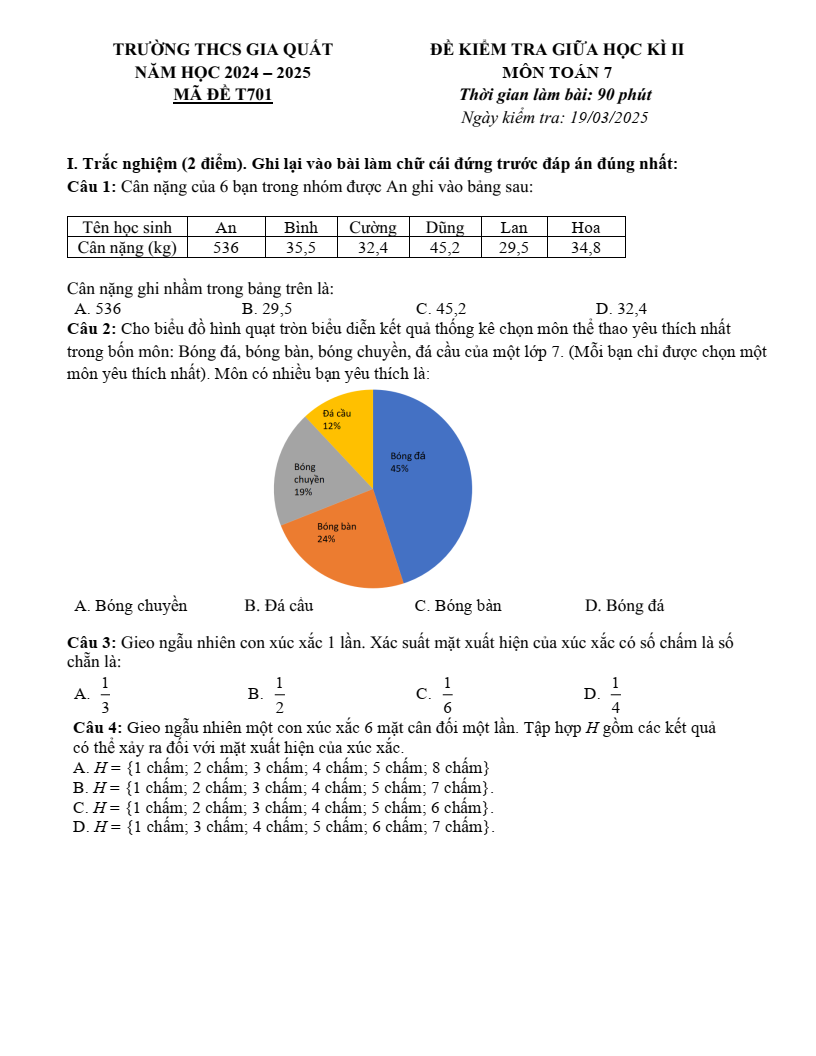 Đề thi Giữa kì 2 Toán 7 trường THCS Gia Quất (Hà Nội) năm 2024–2025