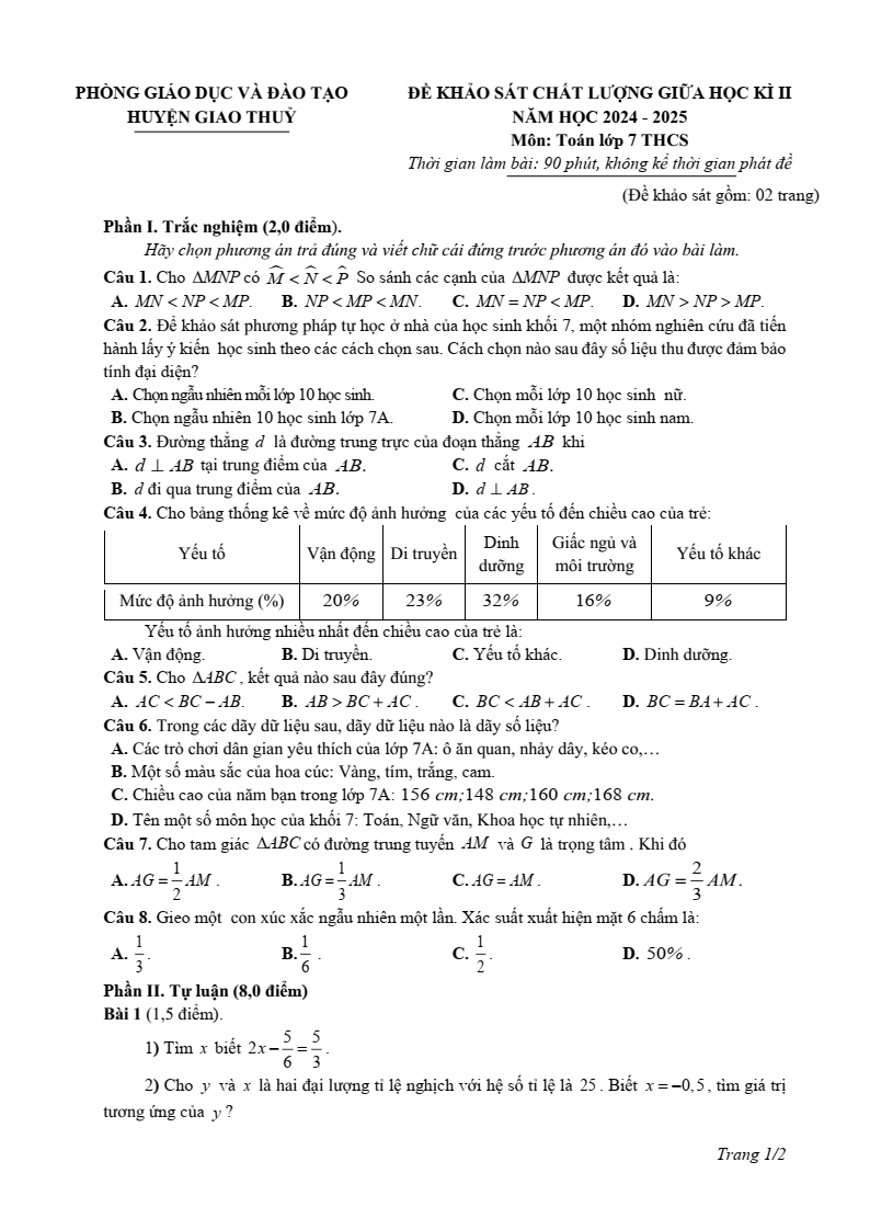 Đề thi Giữa kì 2 Toán 7 phòng GD&ĐT Giao Thủy (Nam Định) năm 2024–2025