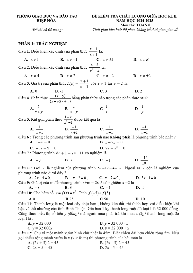 Đề thi Giữa kì 2 Toán 8 phòng GD&ĐT Hiệp Hòa (Bắc Giang) năm 2024–2025