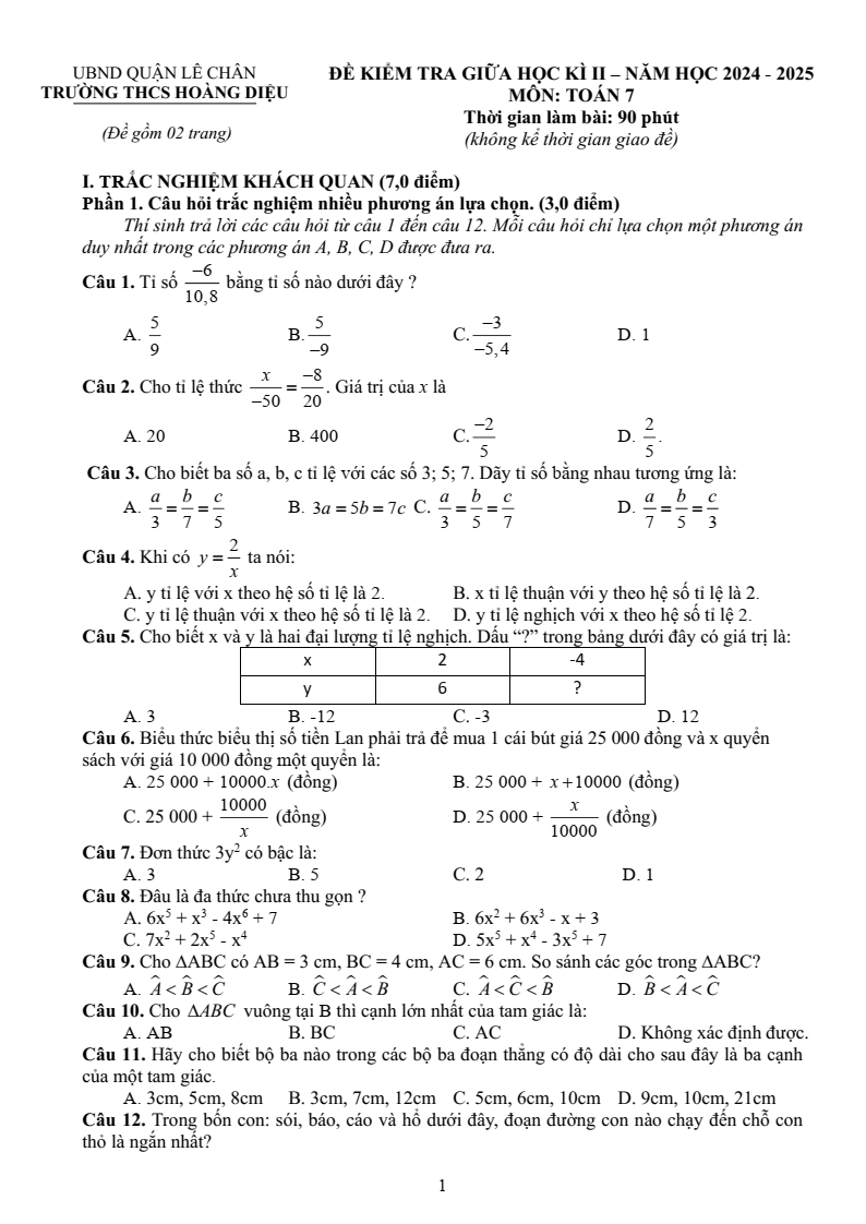 Đề thi Giữa kì 2 Toán 7 trường THCS Hoàng Diệu (Hải Phòng) năm 2024–2025