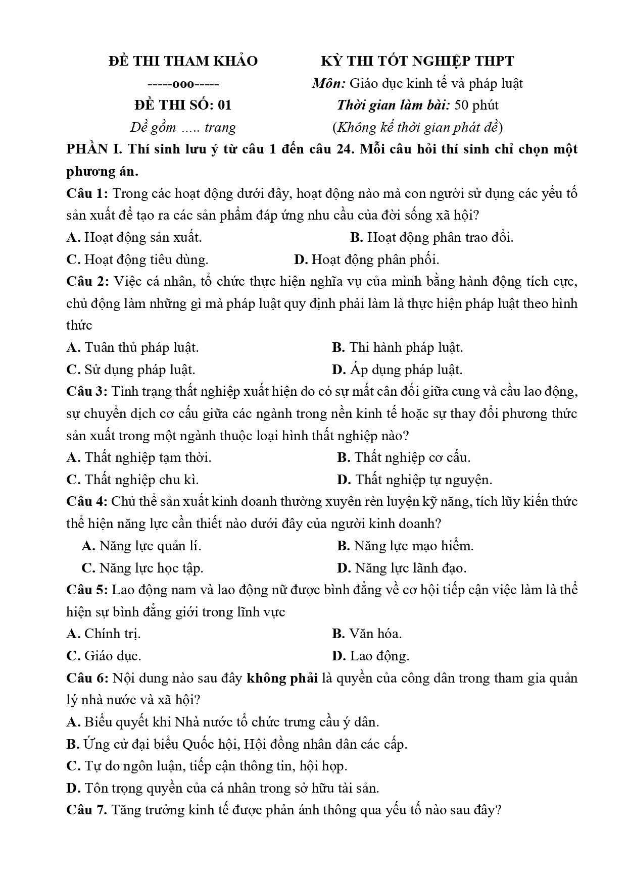 Đề thi thử Tốt nghiệp THPT KTPL 2026 có lời giải (Đề 01)