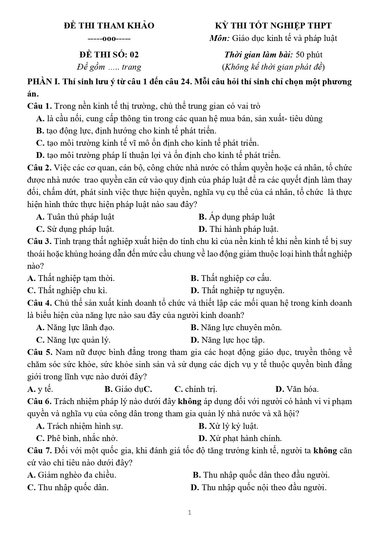 Đề thi thử Tốt nghiệp THPT KTPL 2026 có lời giải (Đề 02)