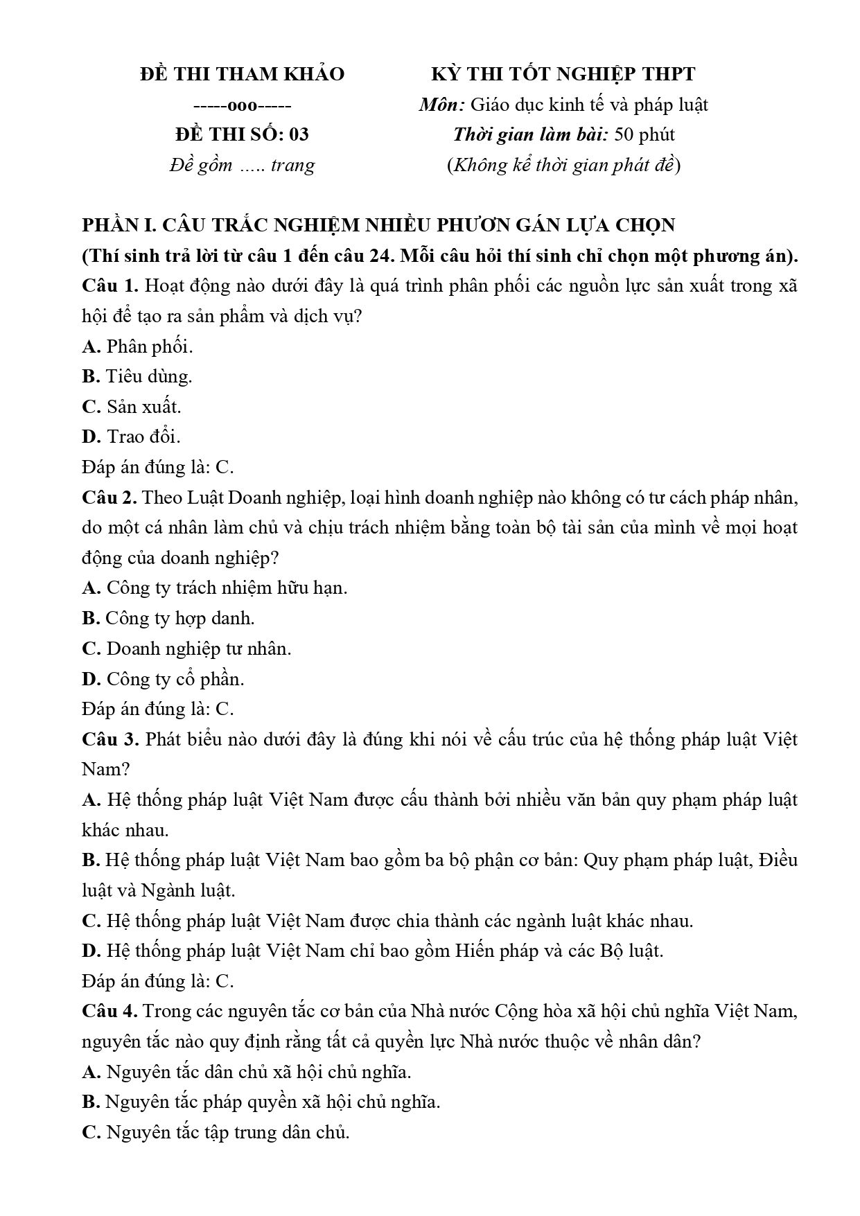 Đề thi thử Tốt nghiệp THPT KTPL 2026 có lời giải (Đề 03)