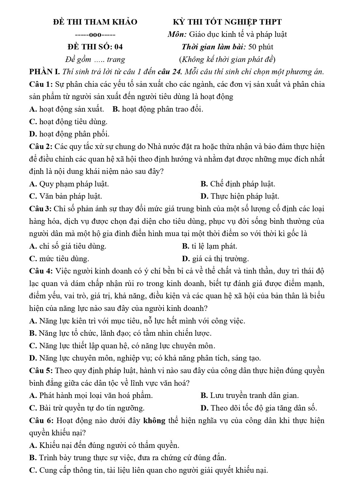 Đề thi thử Tốt nghiệp THPT KTPL 2026 có lời giải (Đề 04)