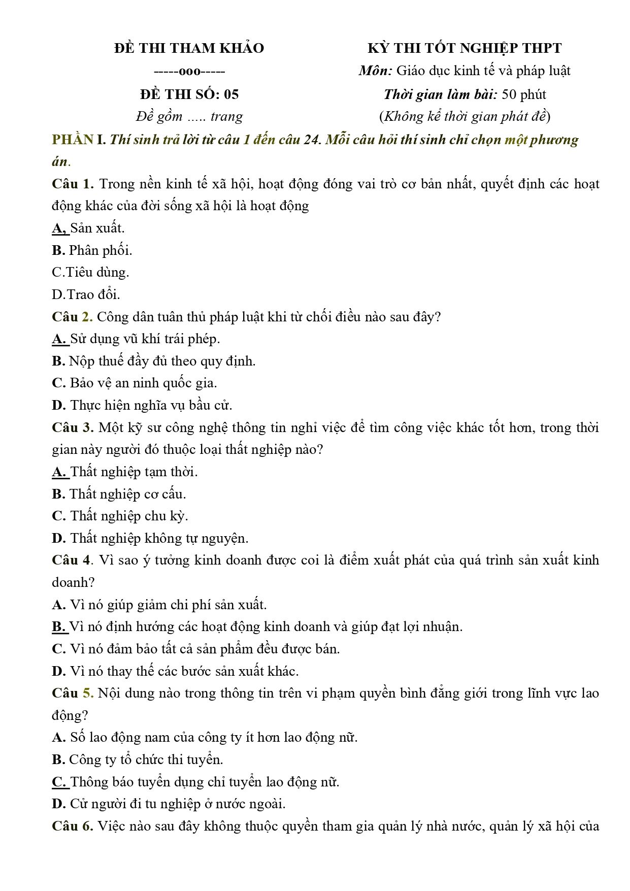 Đề thi thử Tốt nghiệp THPT KTPL 2026 có lời giải (Đề 05)