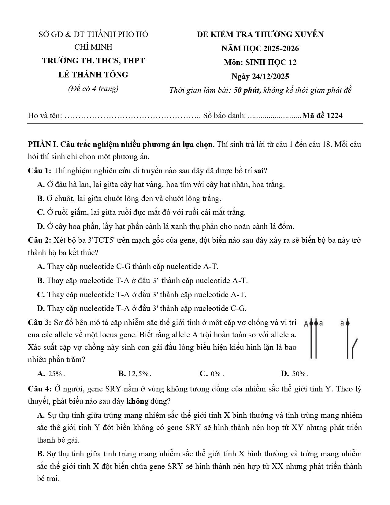 Đề thi thử Tốt nghiệp THPT Sinh học 2025 - 2026 trường TH, THCS, THPT Lê Thanh Tông (TP Hồ Chí Minh)