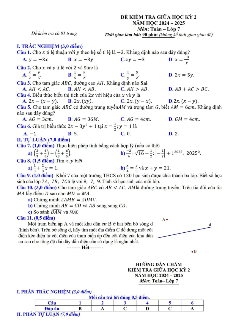 Đề thi Giữa kì 2 Toán 7 phòng GD&ĐT Lương Tài (Bắc Ninh) năm 2024–2025