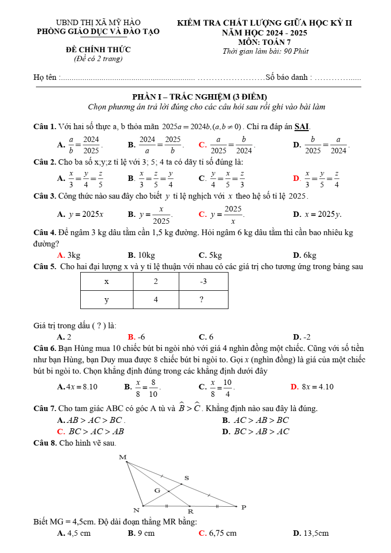 Đề thi Giữa kì 2 Toán 7 phòng GD&ĐT Mỹ Hào (Hưng Yên) năm 2024–2025