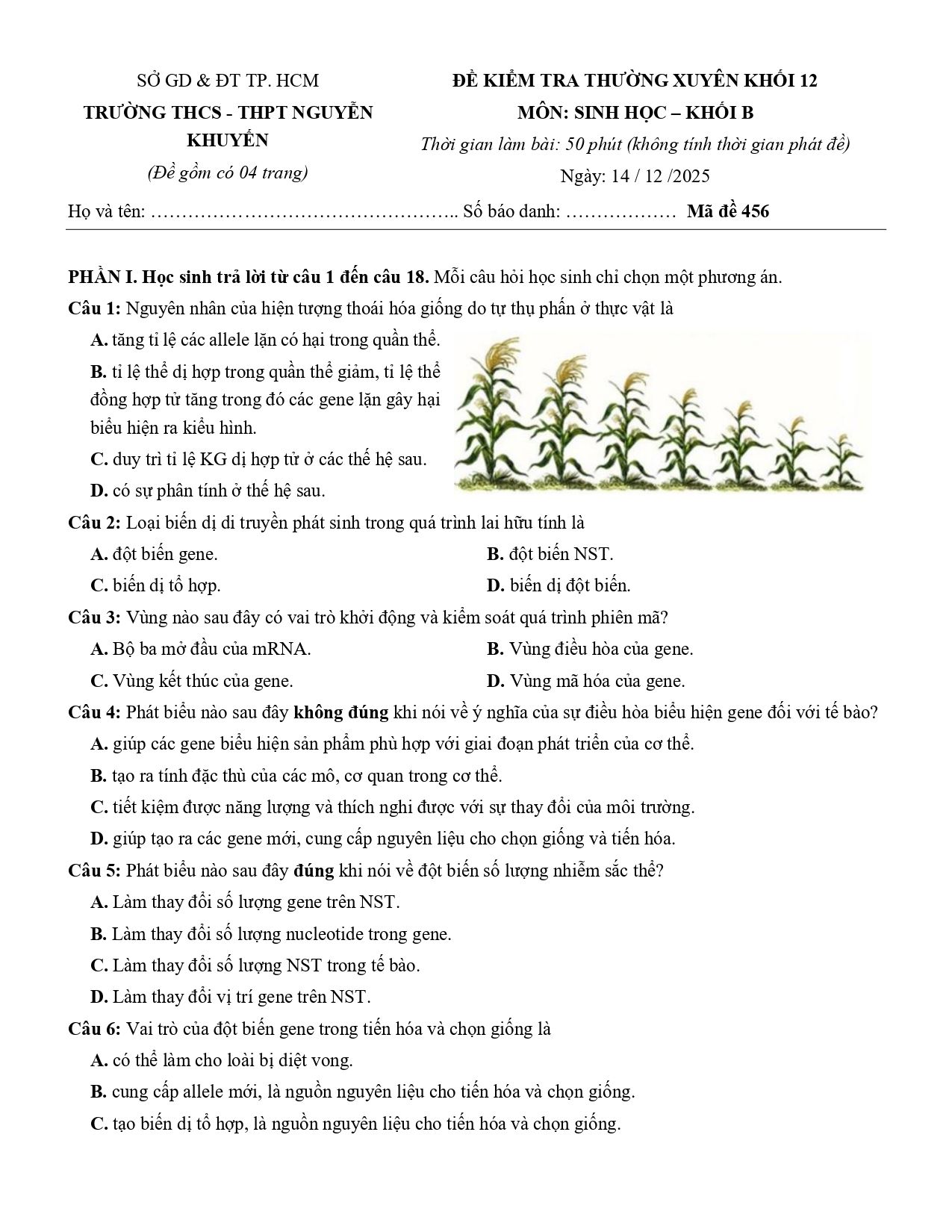 Đề thi thử Tốt nghiệp THPT Sinh học 2025 - 2026 trường THCS - THPT Nguyễn Khuyến (TP Hồ Chí Minh)