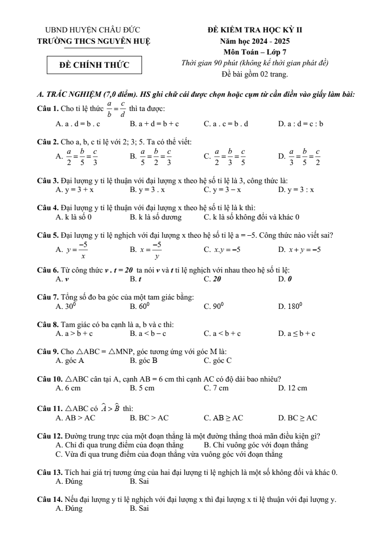 Đề thi Giữa kì 2 Toán 7 trường THCS Nguyễn Huệ (Bà Rịa - Vũng Tàu) năm 2024–2025