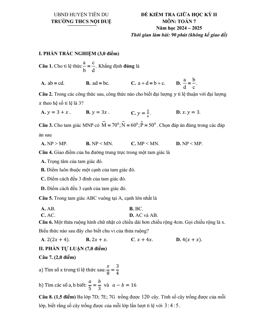 Đề thi Giữa kì 2 Toán 7 trường THCS Nội Duệ (Bắc Ninh) năm 2024–2025