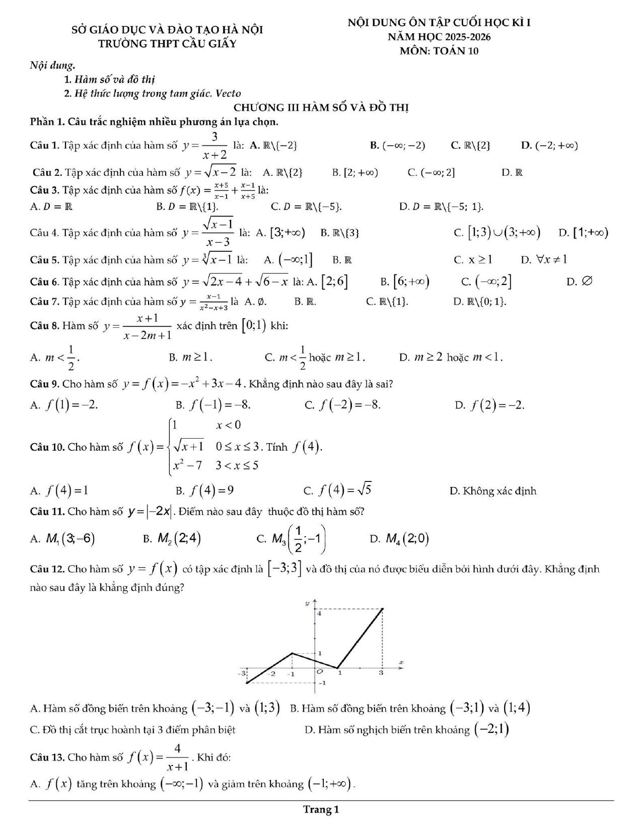 Đề cương ôn tập Học kì 1 Toán 10 trường THPT Cầu Giấy (Hà Nội) năm 2025–2026