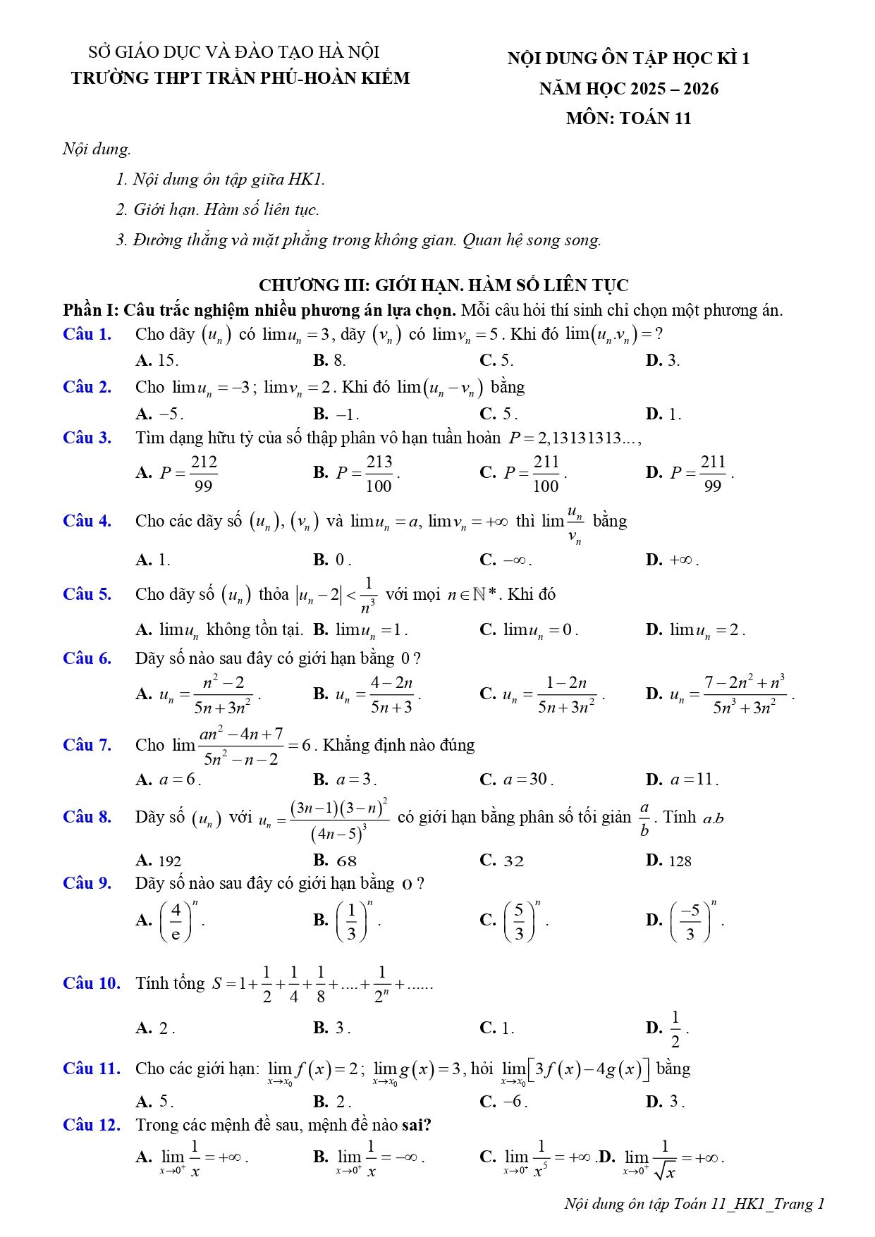 Đề cương ôn tập Học kì 1 Toán 11 trường THPT Trần Phú (Hà Nội) năm 2025–2026