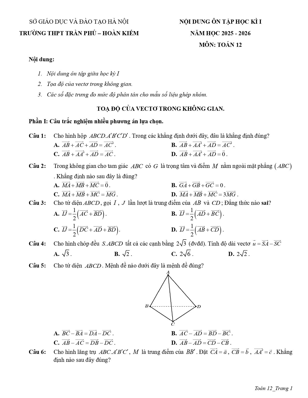 Đề cương ôn tập Học kì 1 Toán 12 trường THPT Trần Phú (Hà Nội) năm 2025–2026