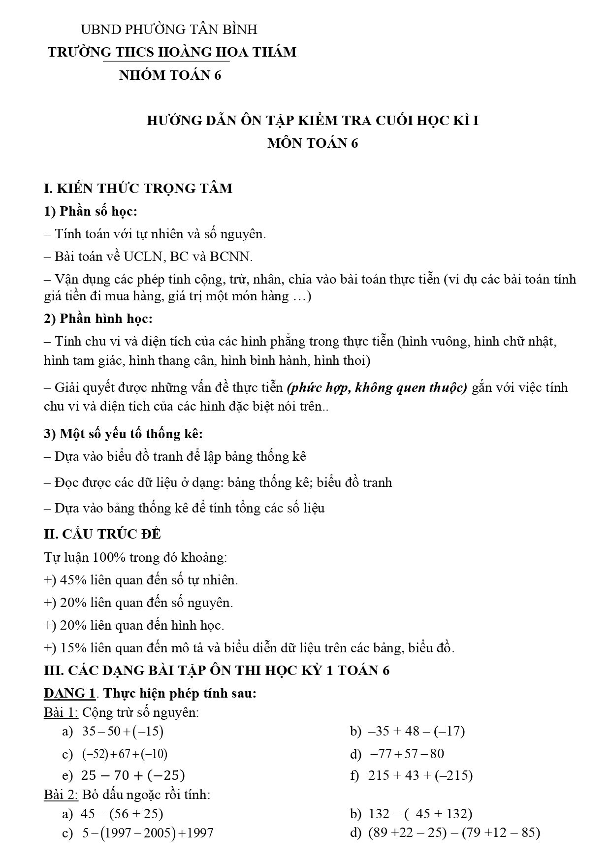 Đề cương ôn tập Học kì 1 Toán 6 trường THCS Hoàng Hoa Thám (TP Hồ Chí Minh) năm 2025–2026