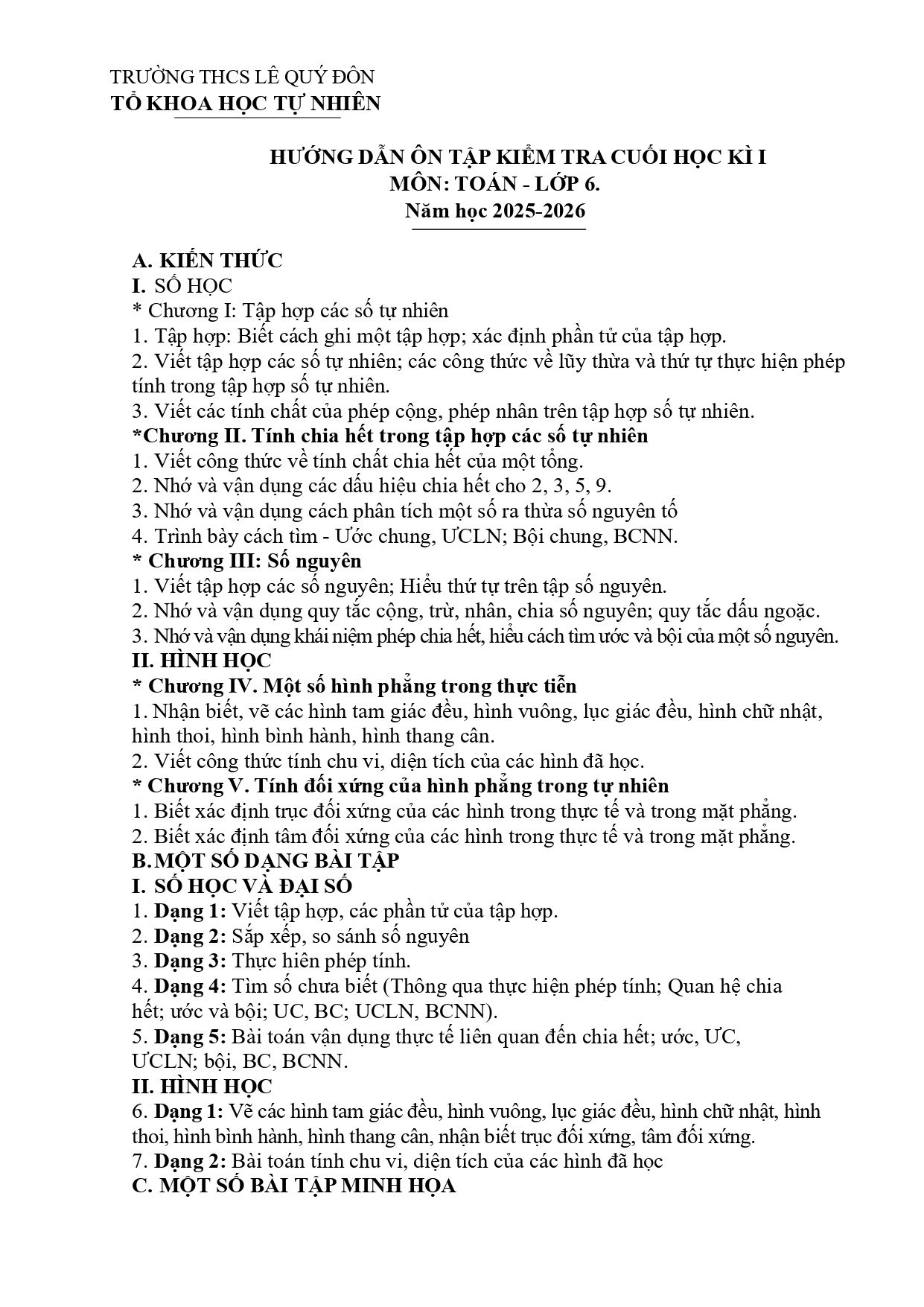 Đề cương ôn tập Học kì 1 Toán 6 trường THCS Lê Quý Đôn (Phú Thọ) năm 2025–2026