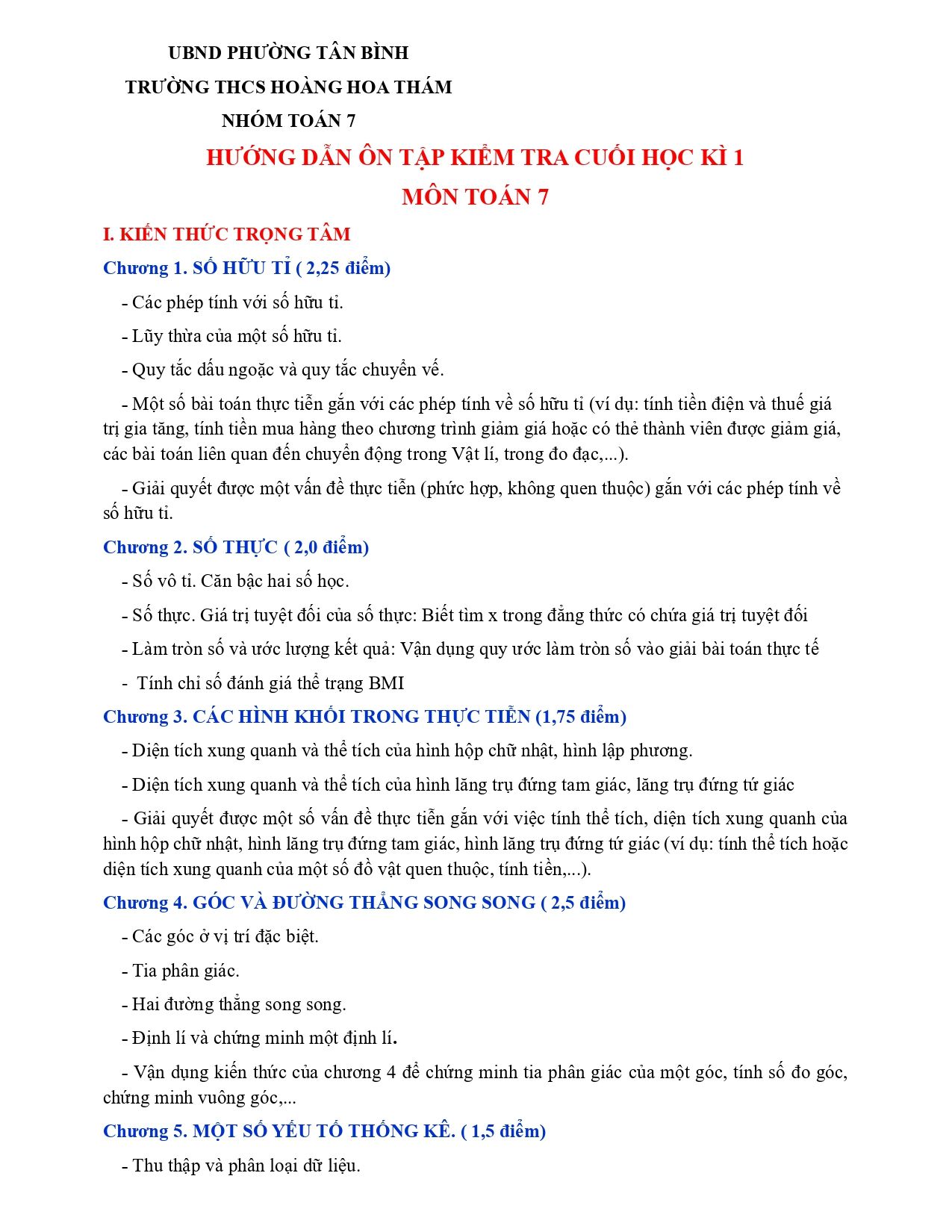 Đề cương ôn tập Học kì 1 Toán 7 trường THCS Hoàng Hoa Thám (TP Hồ Chí Minh) năm 2025–2026