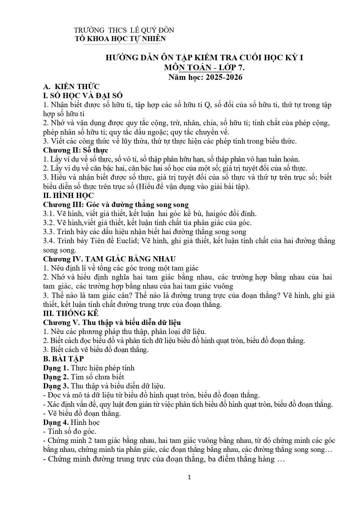 Đề cương ôn tập Học kì 1 Toán 7 trường THCS Lê Quý Đôn (Phú Thọ) năm 2025–2026
