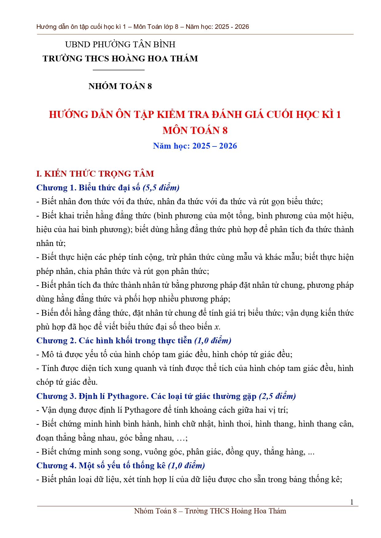 Đề cương ôn tập Học kì 1 Toán 8 trường THCS Hoàng Hoa Thám (TP Hồ Chí Minh) năm 2025–2026