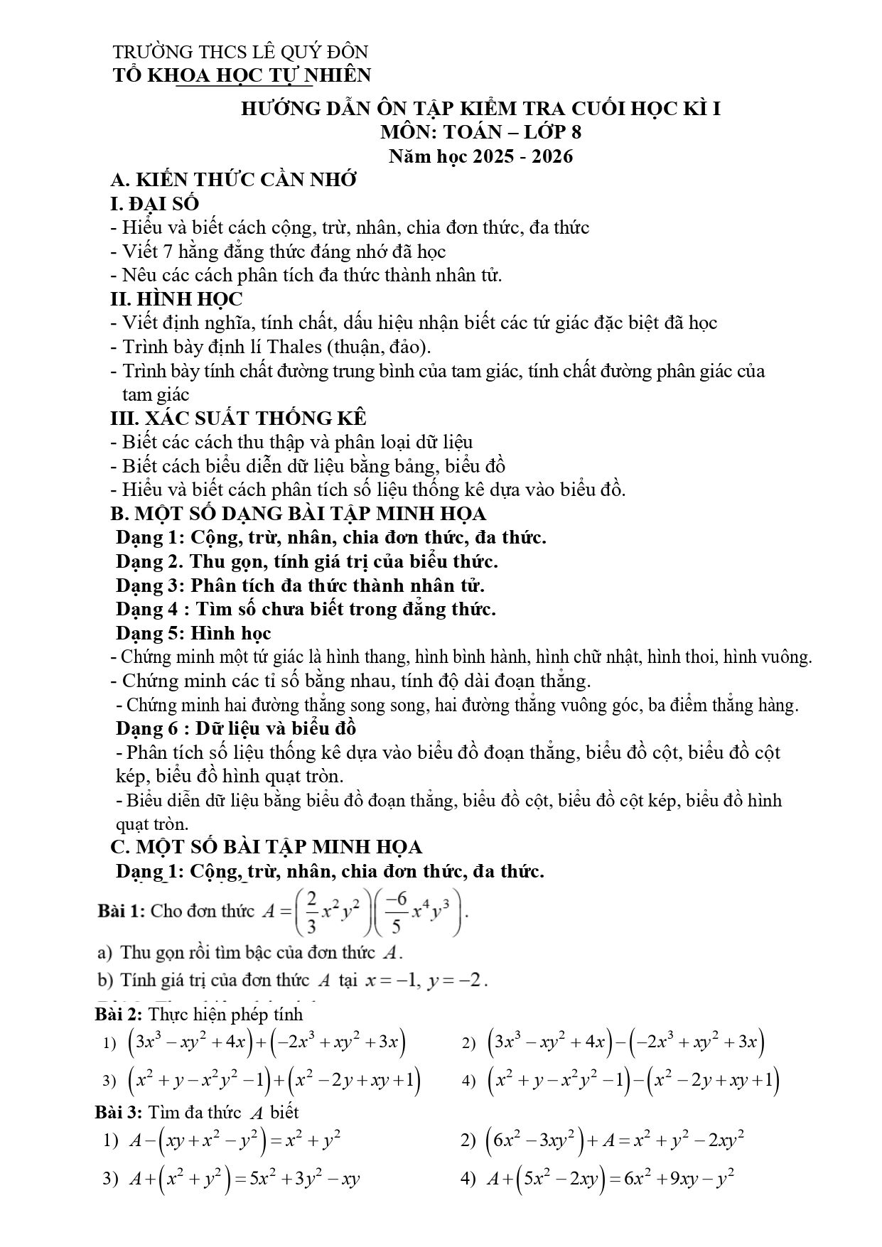 Đề cương ôn tập Học kì 1 Toán 8 trường THCS Lê Quý Đôn (Phú Thọ) năm 2025–2026