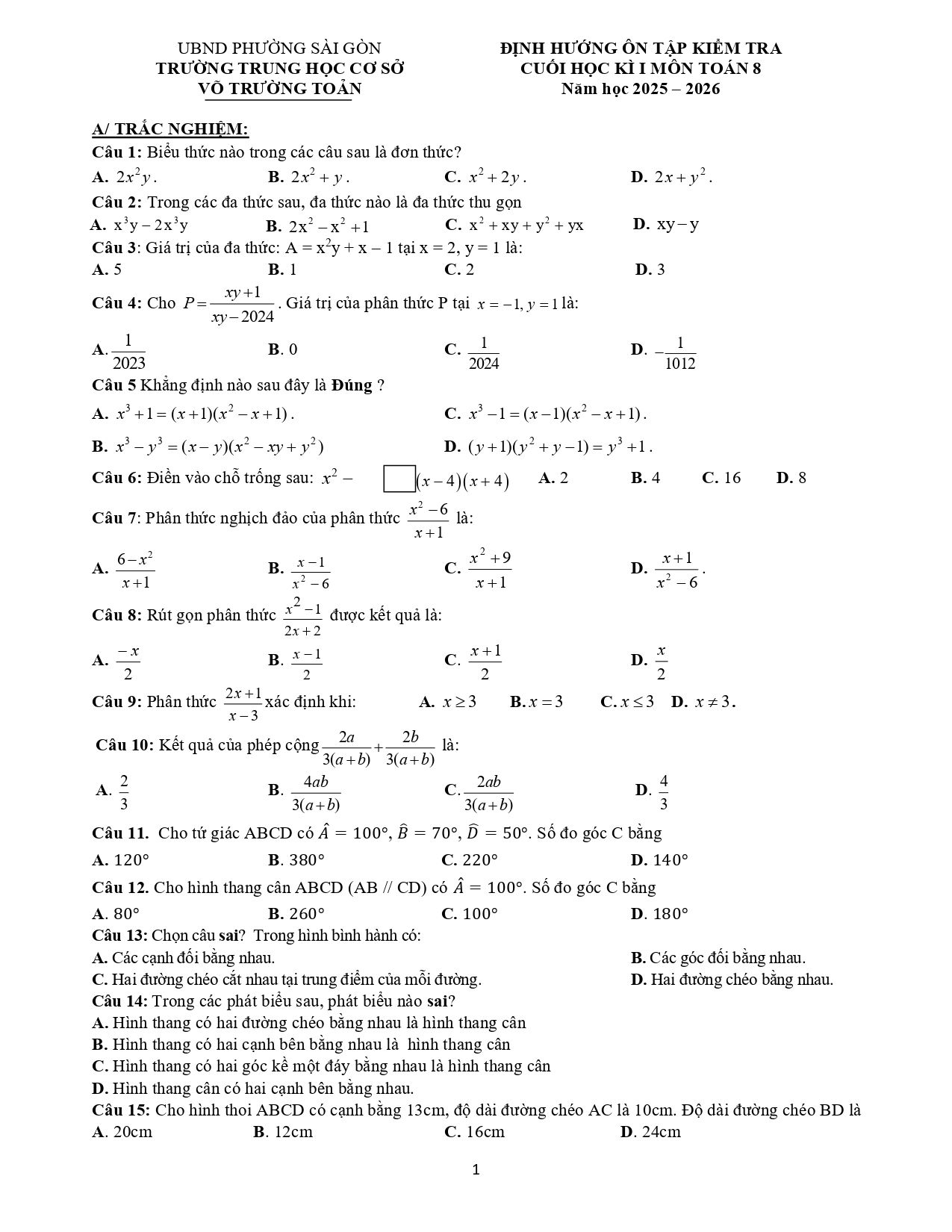 Đề cương ôn tập Học kì 1 Toán 8 trường THCS Võ Trường Toản (TP Hồ Chí Minh) năm 2025–2026