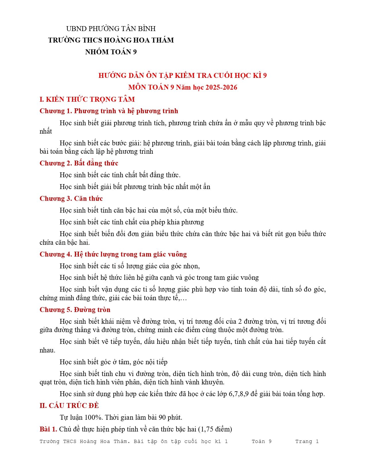 Đề cương ôn tập Học kì 1 Toán 9 trường THCS Hoàng Hoa Thám (TP Hồ Chí Minh) năm 2025–2026