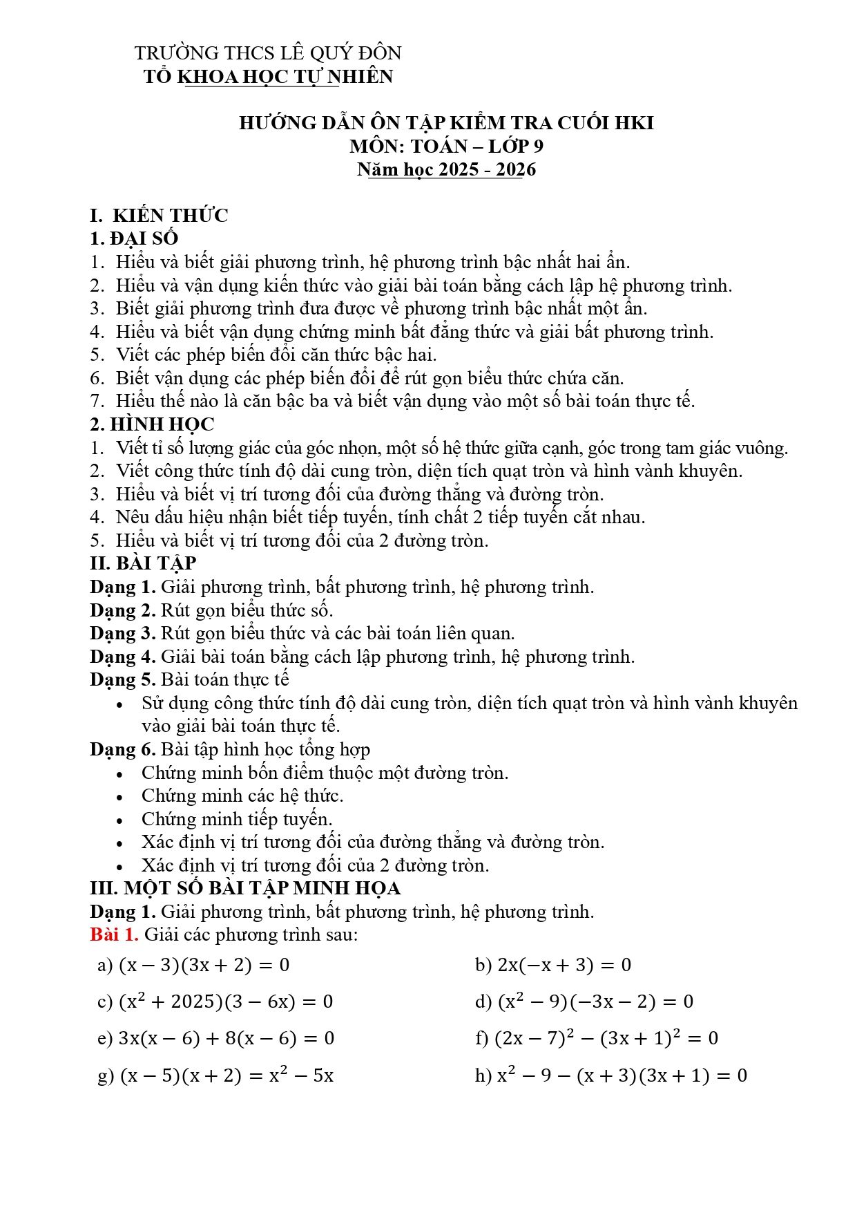 Đề cương ôn tập Học kì 1 Toán 9 trường THCS Lê Quý Đôn (Phú Thọ) năm 2025–2026