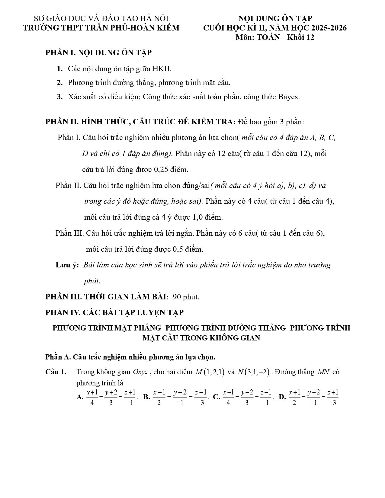 Đề cương ôn tập Học kì 2 Toán 12 trường THPT Trần Phú (Hà Nội) năm 2025–2026