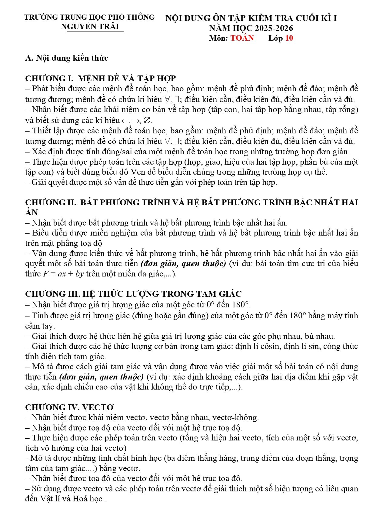 Đề cương ôn tập Học kì 1 Toán 10 trường THPT Nguyễn Trãi (Đà Nẵng) năm 2025–2026